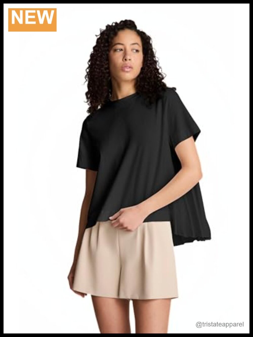 High-Low Pleated Back Cotton Tee, Crew Neck